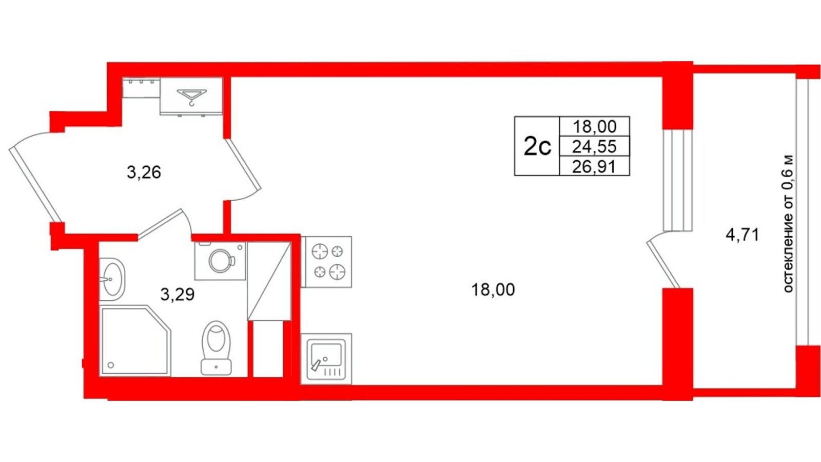 Планировка: студия, 24,6 м²