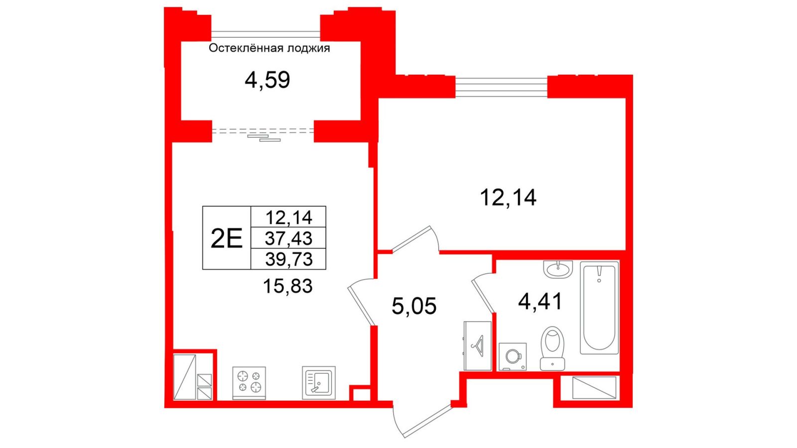 Планировка: 1-комнатная квартира, 37,4 м²