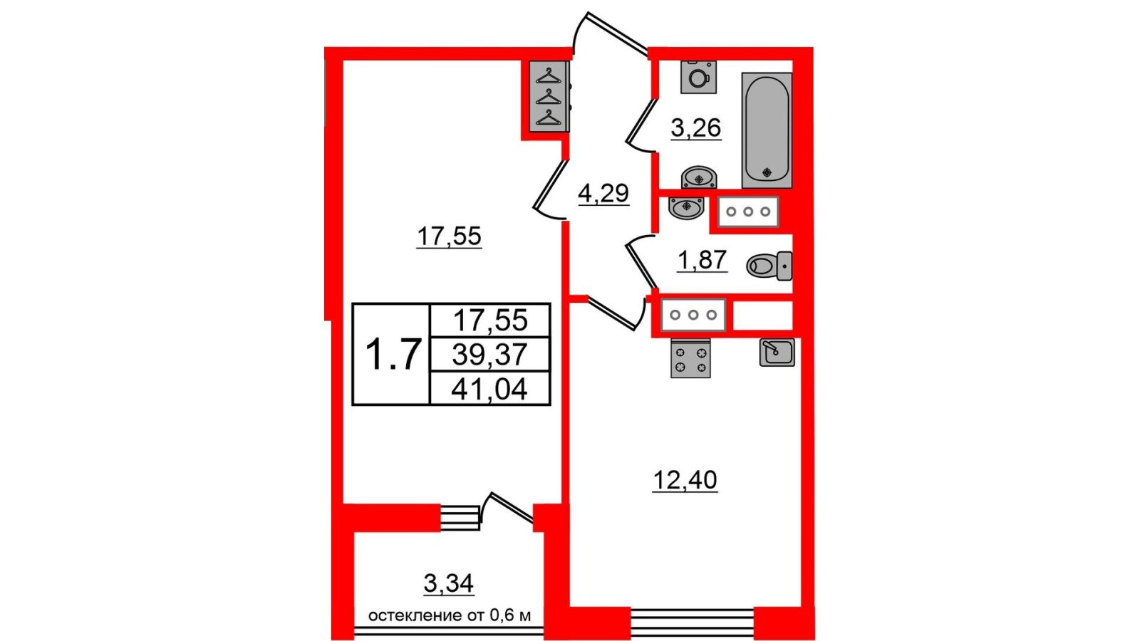 Планировка: 1-комнатная квартира, 39,4 м²