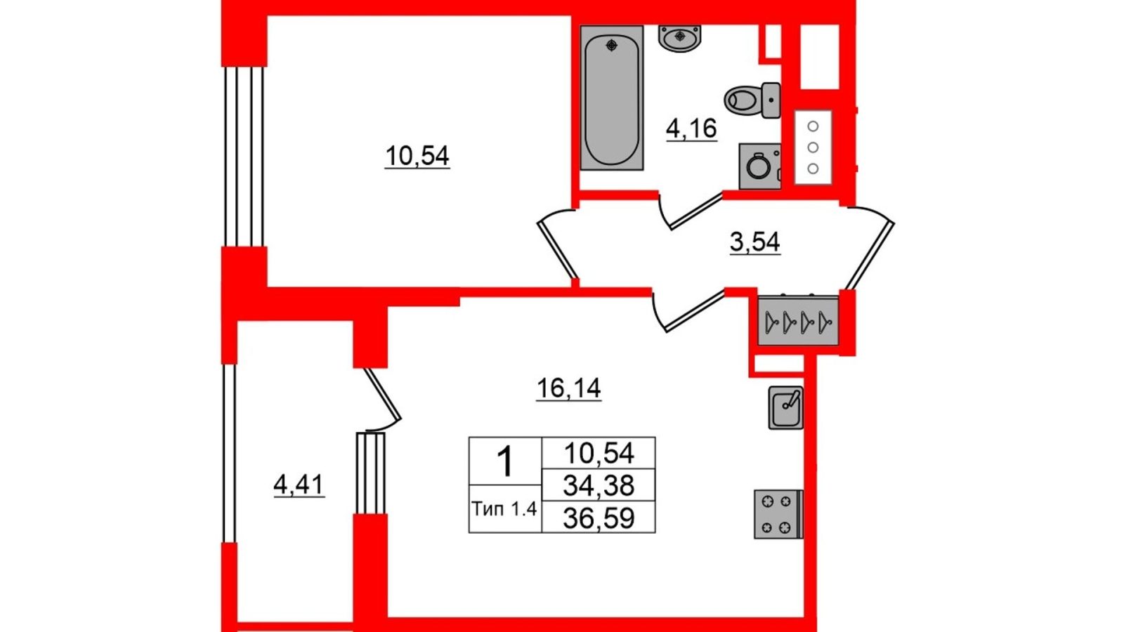 Планировка: 1-комнатная квартира, 34,4 м²