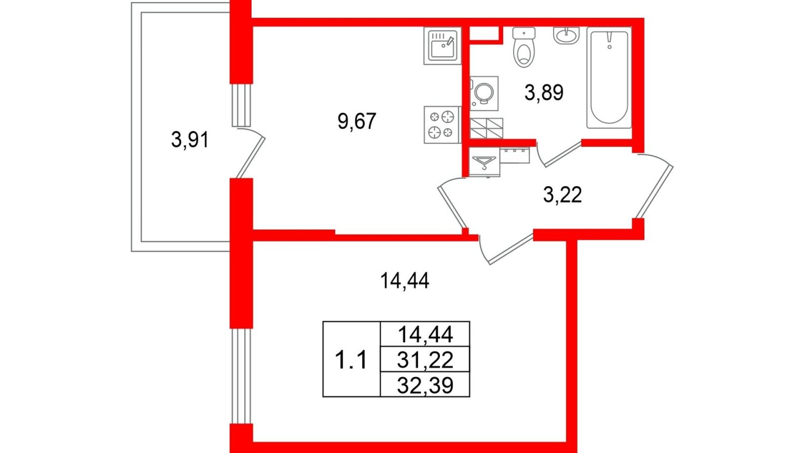 Планировка: 1-комнатная квартира, 31,2 м²