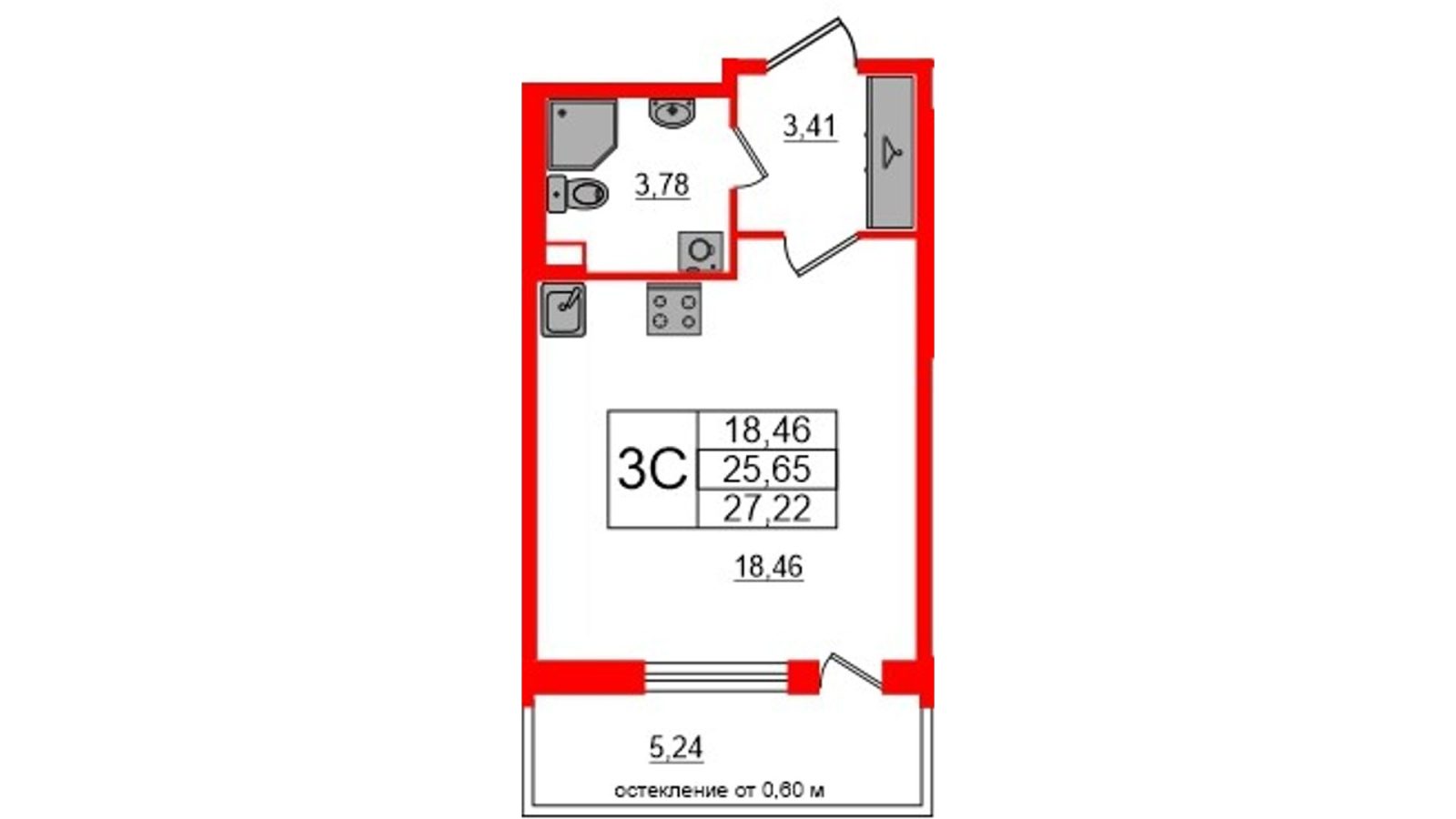 Планировка: студия, 25,7 м²