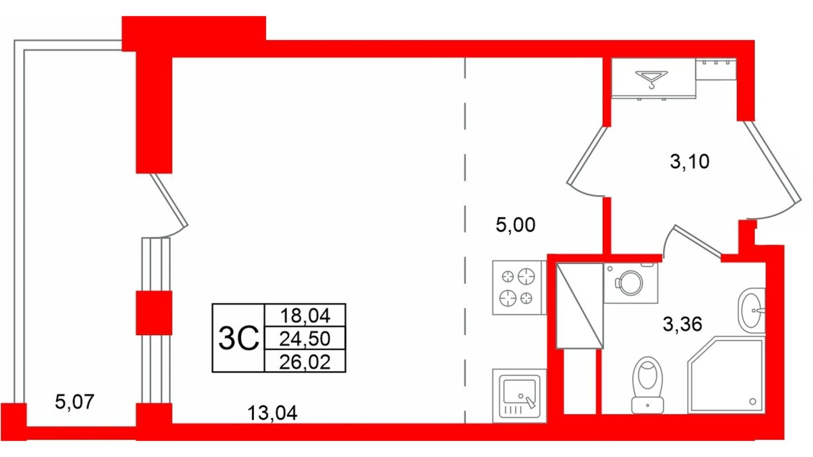 Планировка: студия, 24,5 м²