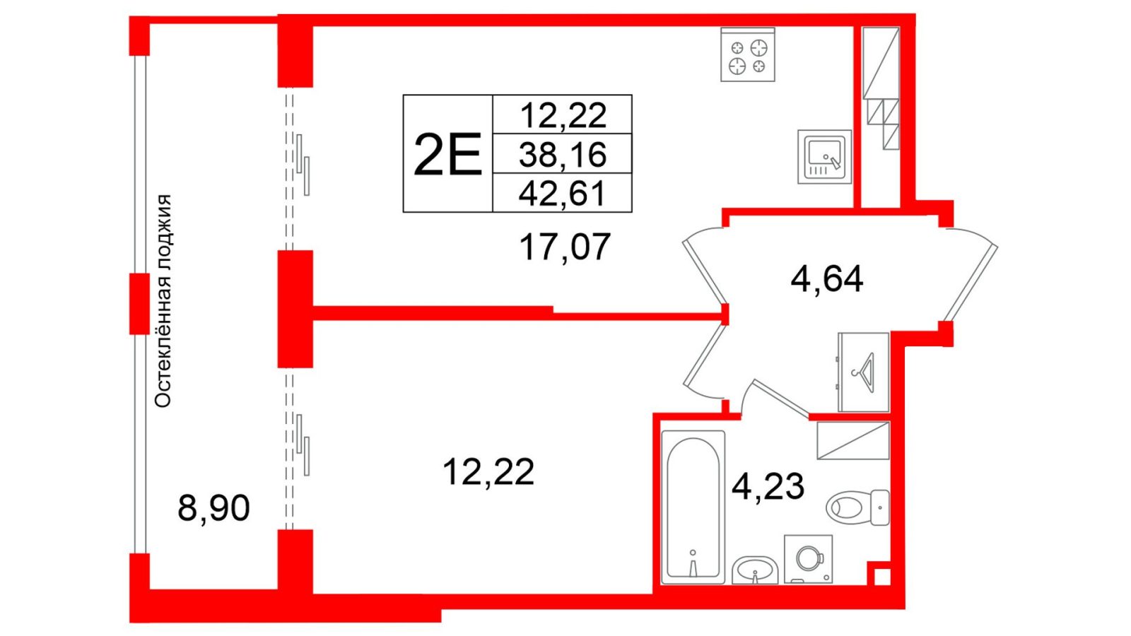Планировка: 1-комнатная квартира, 38,2 м²
