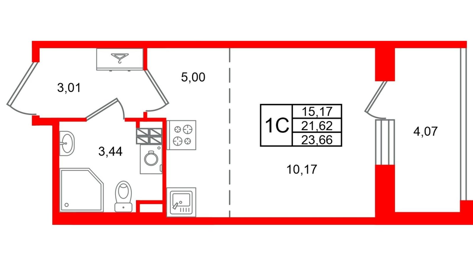 Планировка: студия, 21,6 м²