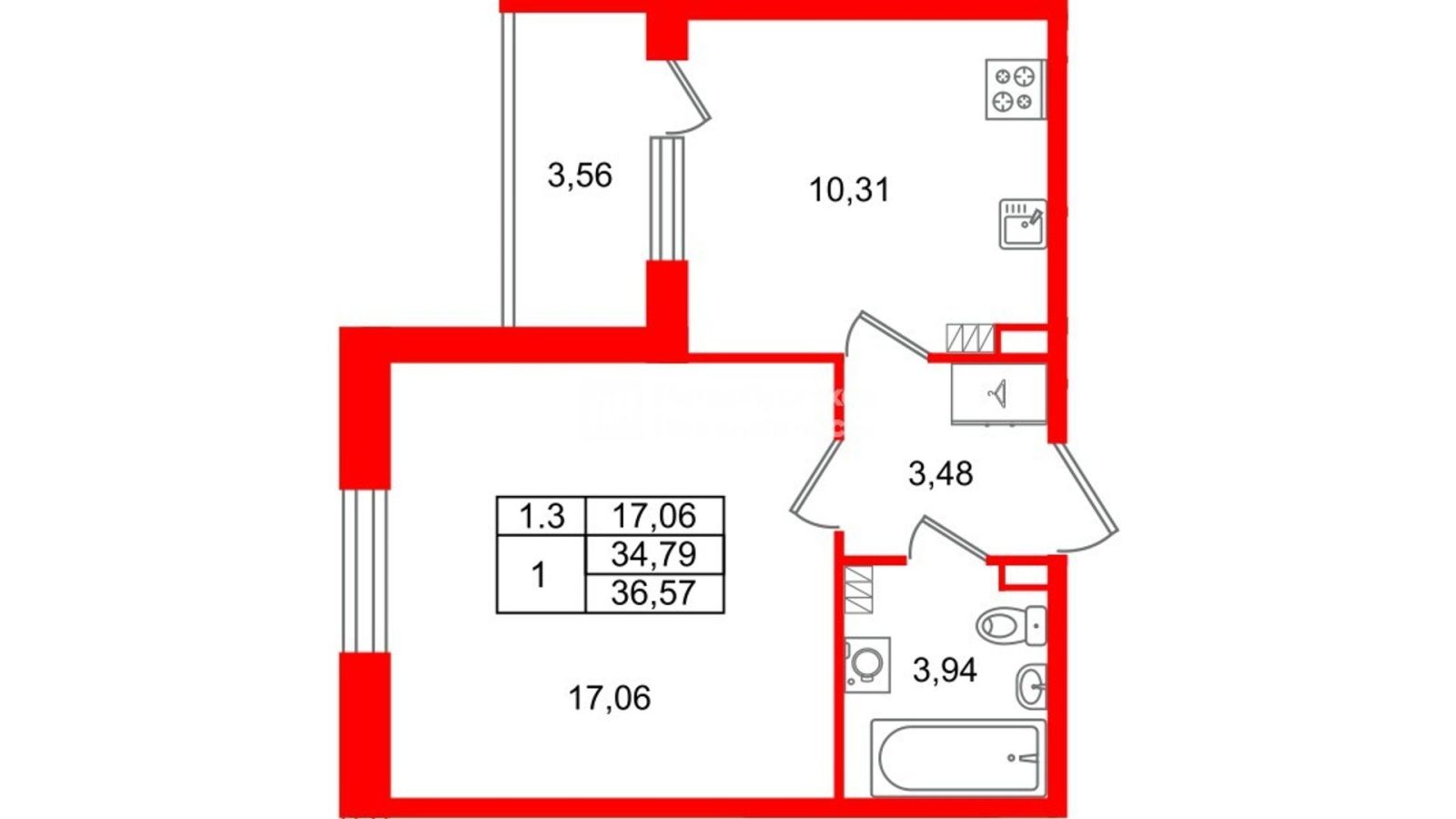 Планировка: 1-комнатная квартира, 34,8 м²