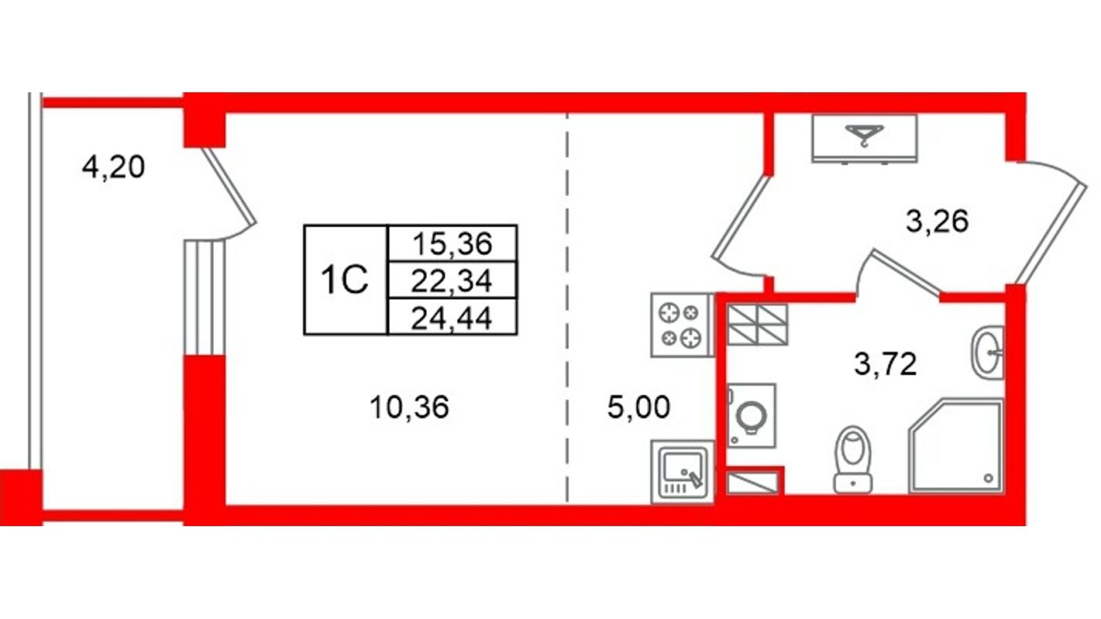 Планировка: студия, 22,3 м²