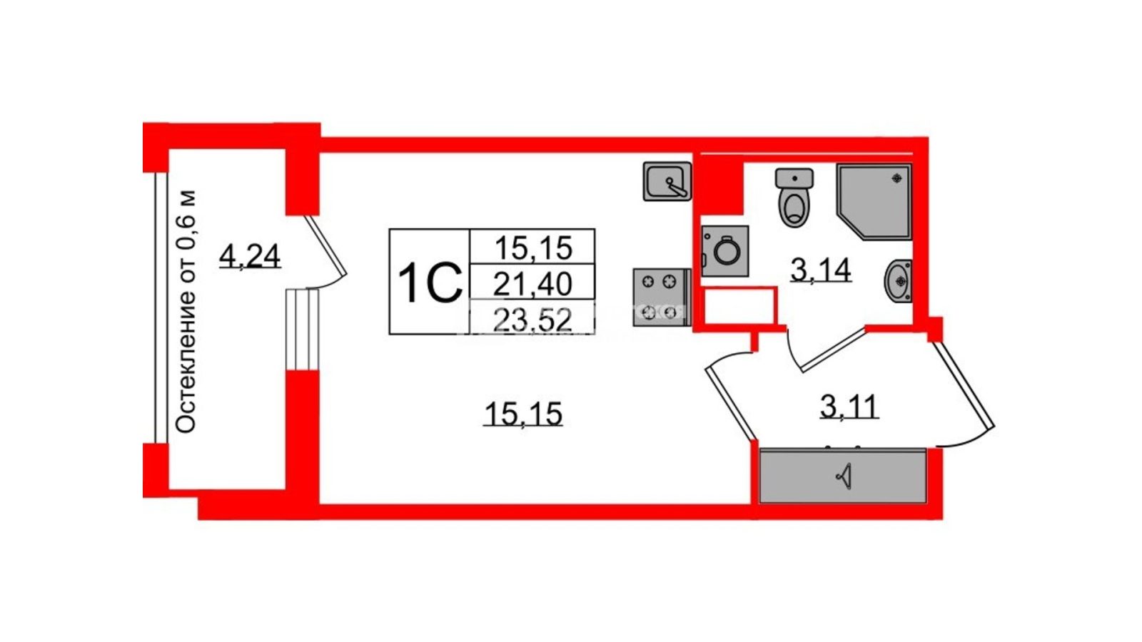 Планировка: студия, 21,4 м²