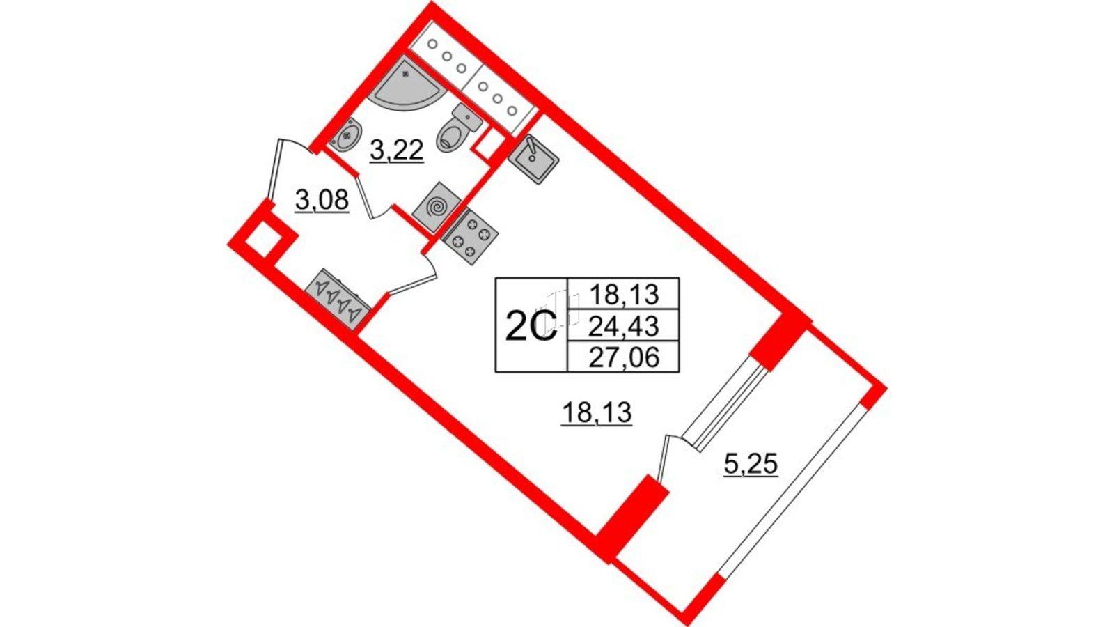 Планировка: студия, 24,4 м²