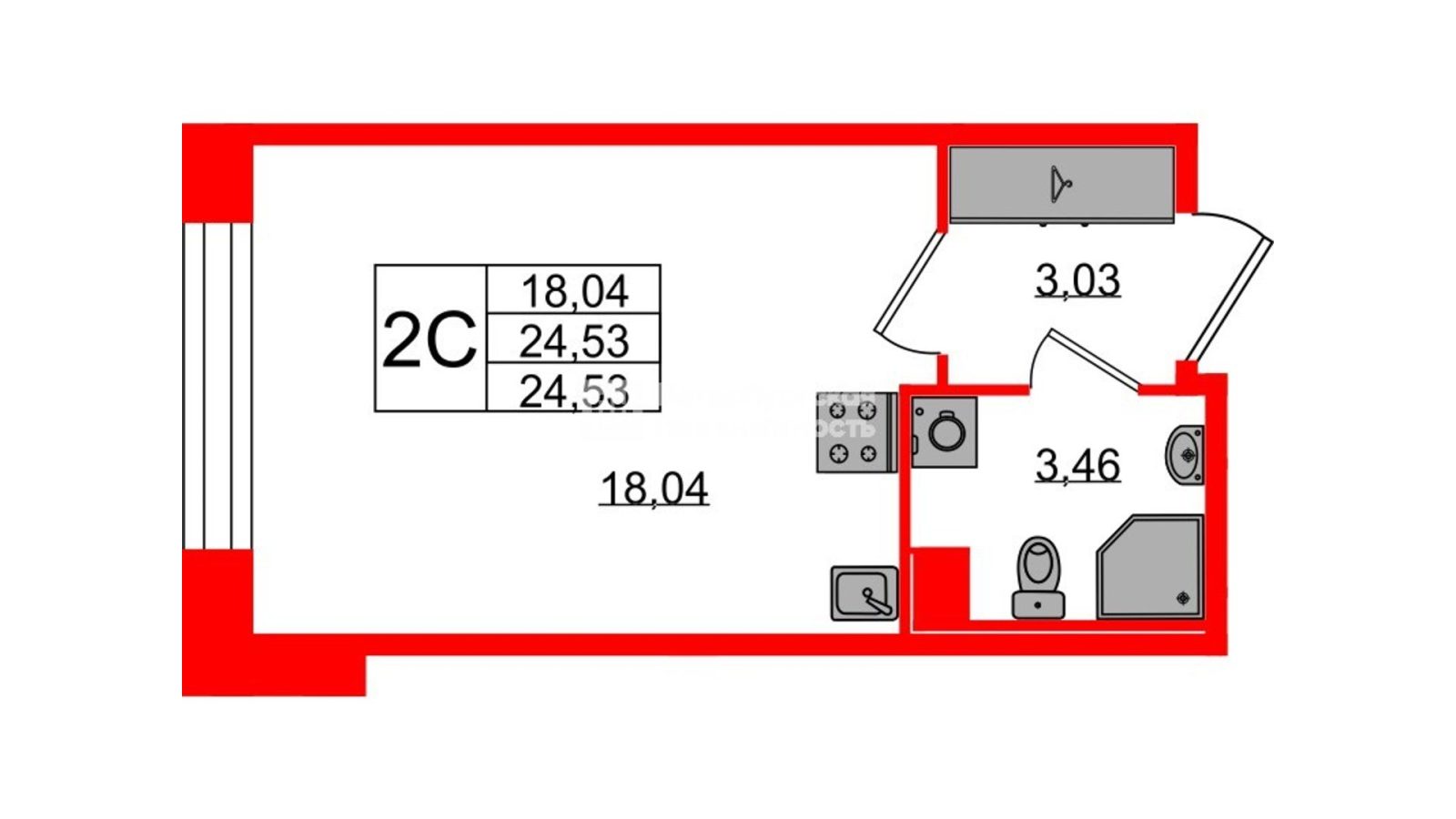 Планировка: студия, 24,5 м²