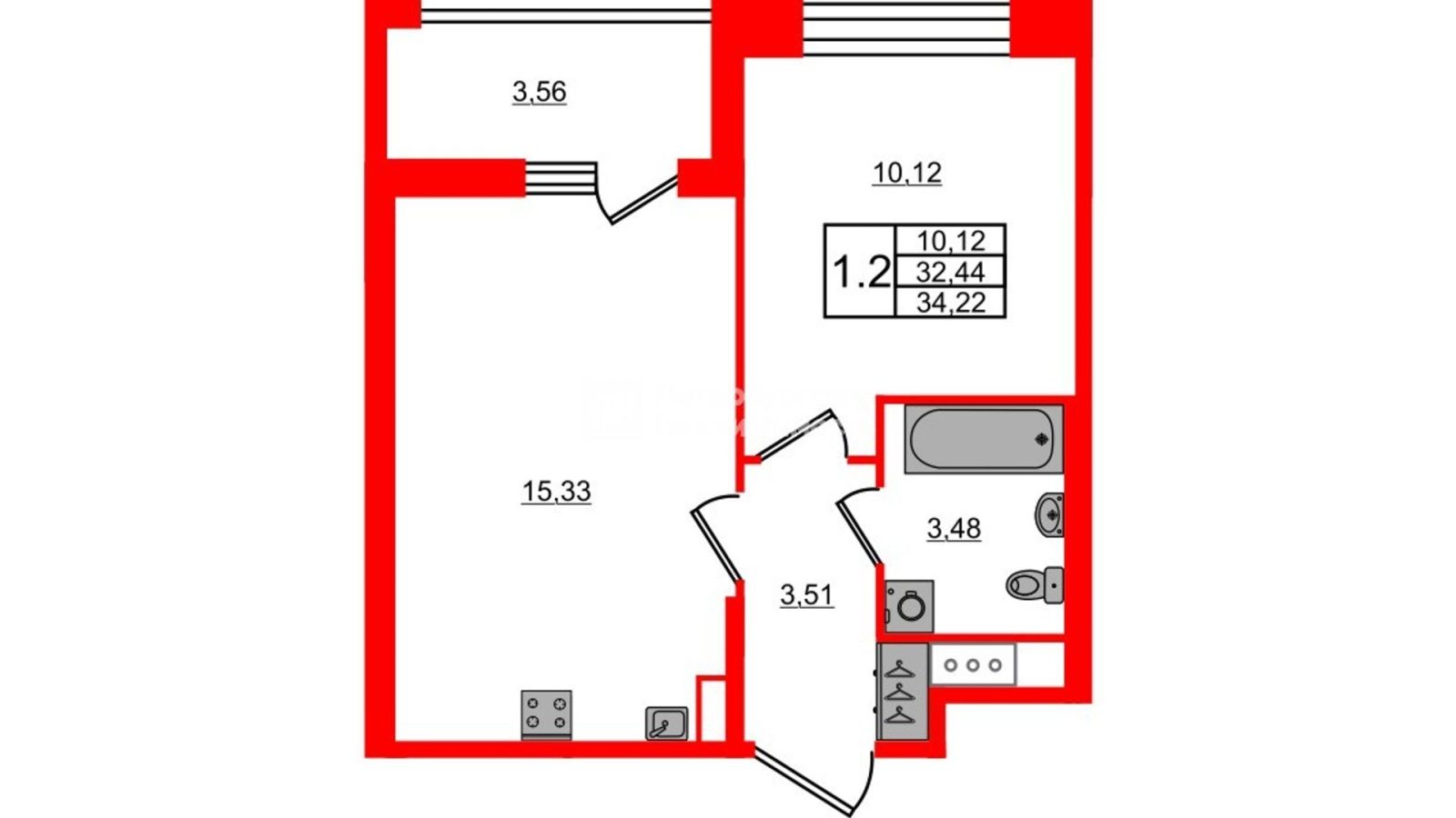 Планировка: 1-комнатная квартира, 32,4 м²