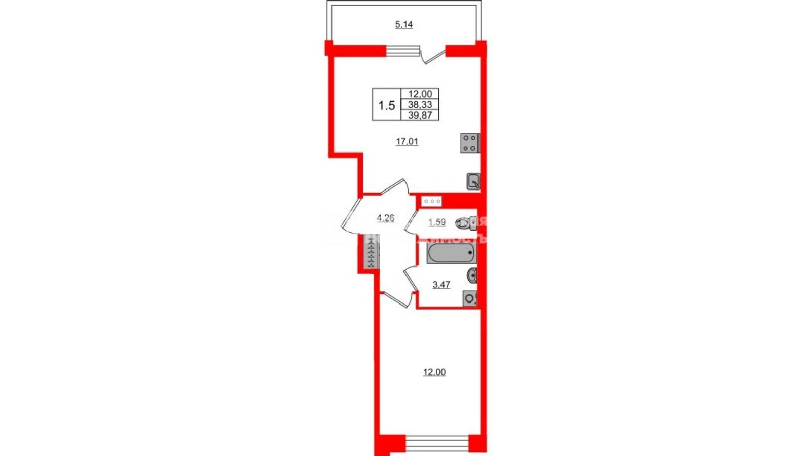 Планировка: 1-комнатная квартира, 38,3 м²