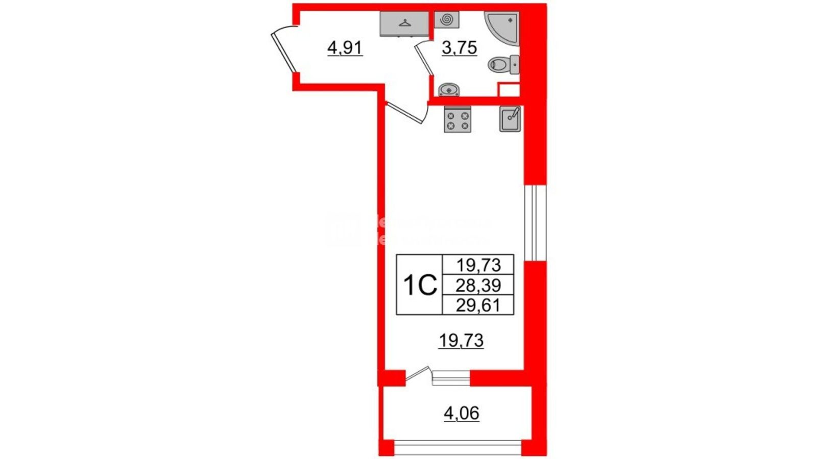 Планировка: студия, 27,8 м²