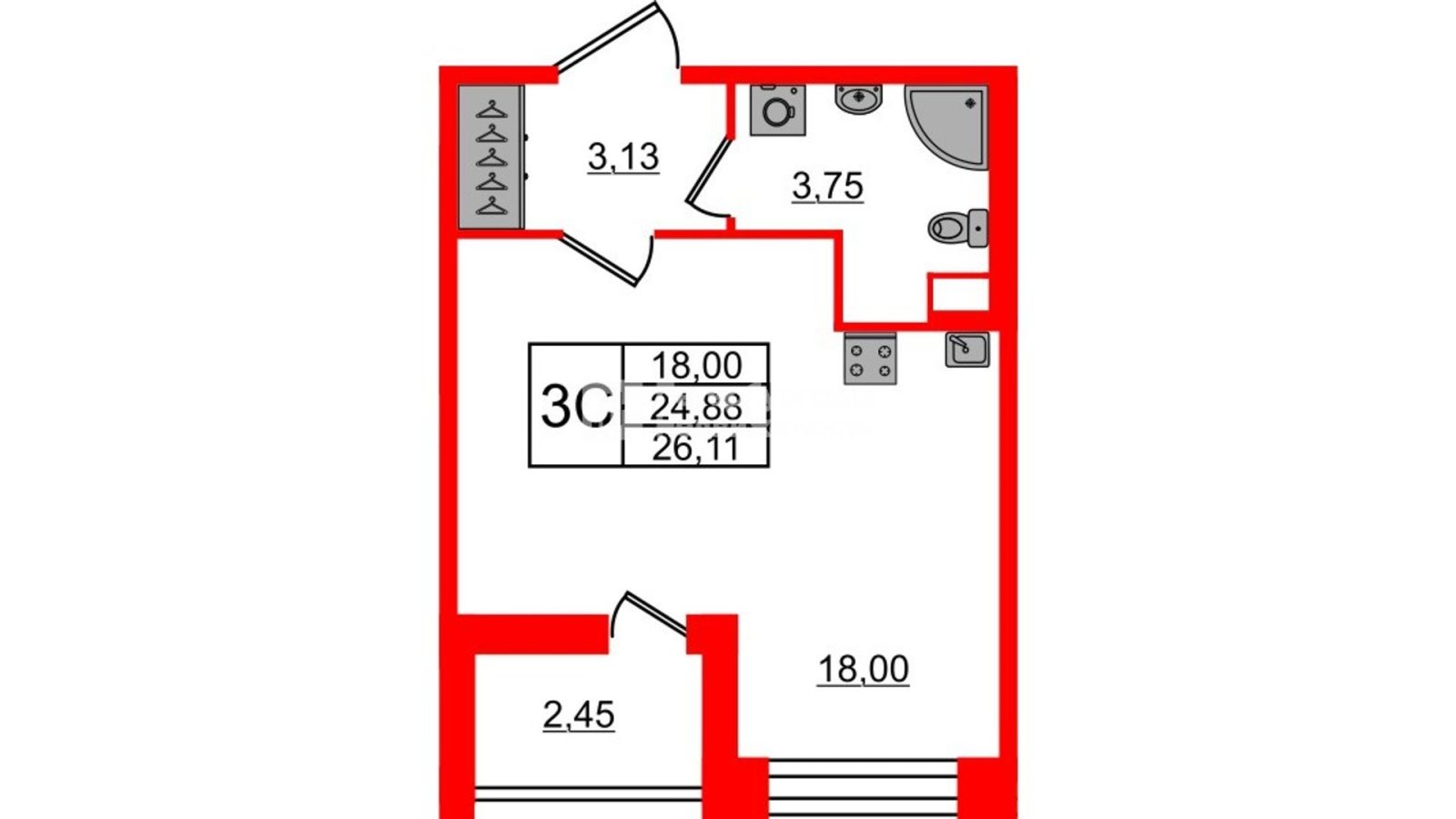 Планировка: студия, 24,9 м²