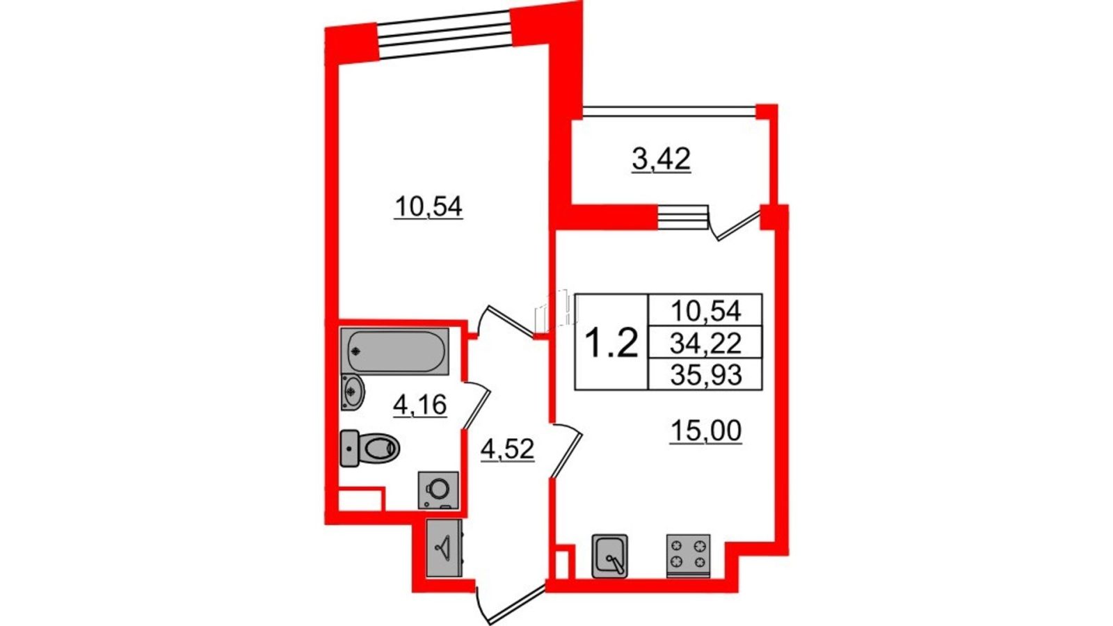 Планировка: 1-комнатная квартира, 34,2 м²