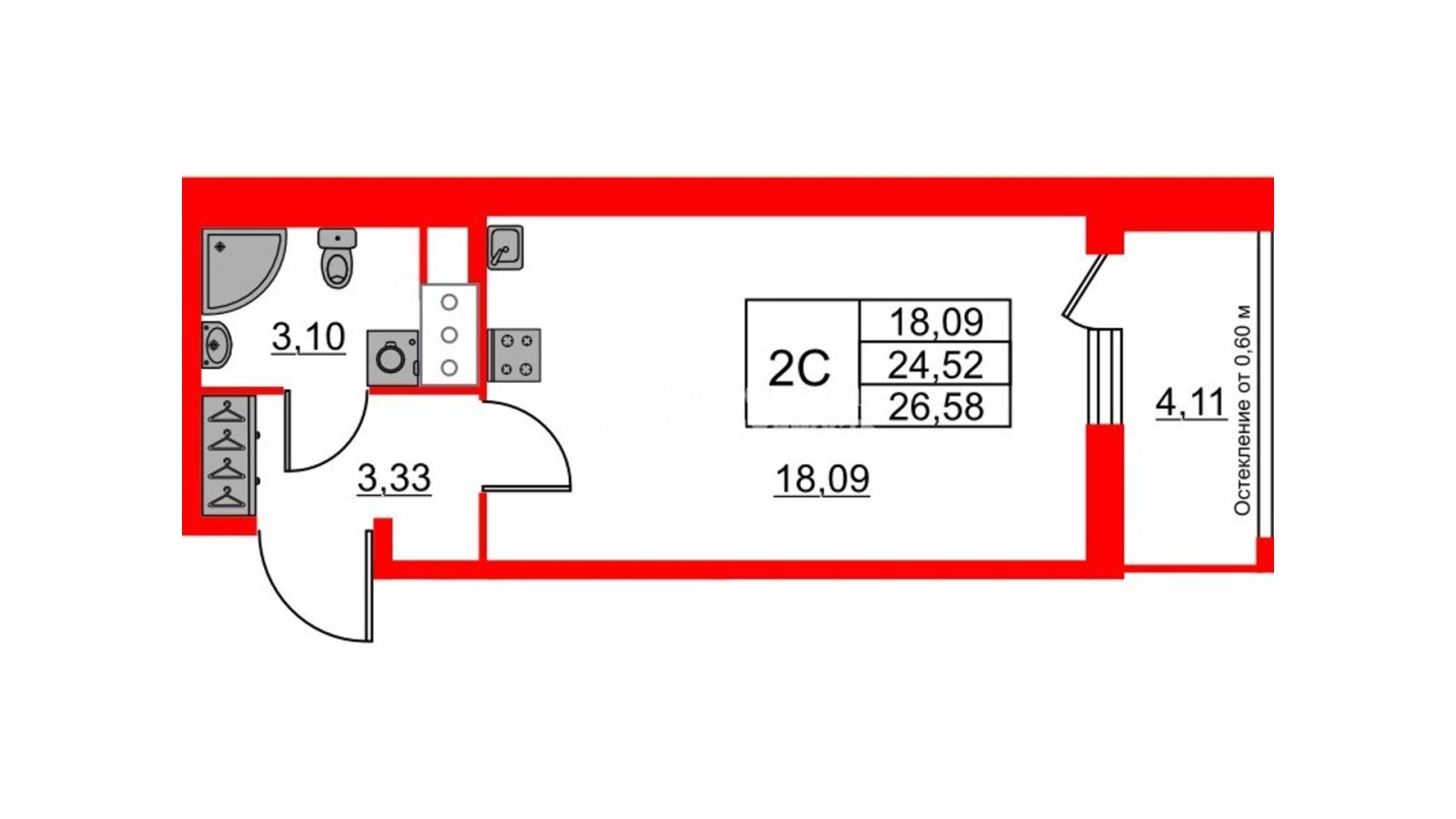 Планировка: студия, 24,5 м²