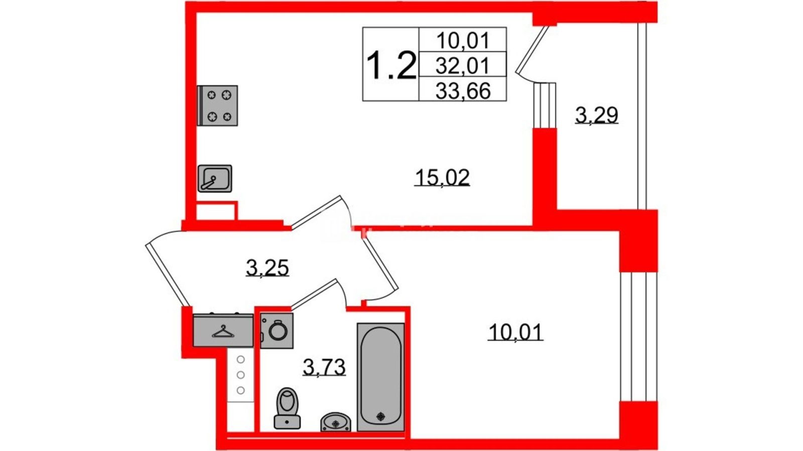 Планировка: 1-комнатная квартира, 32,0 м²