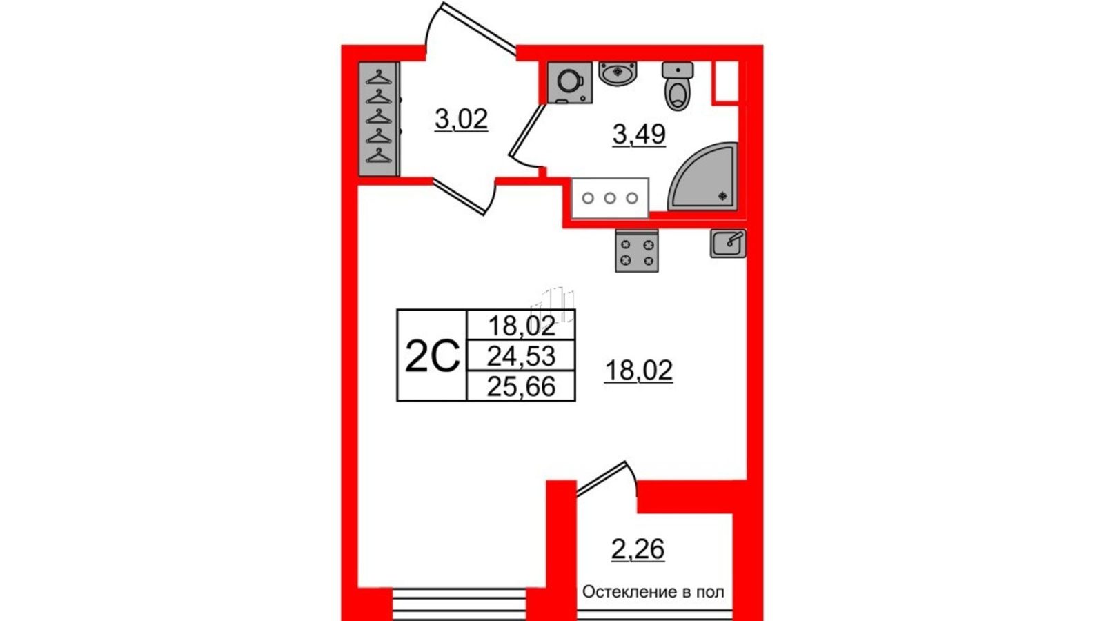 Планировка: студия, 24,9 м²