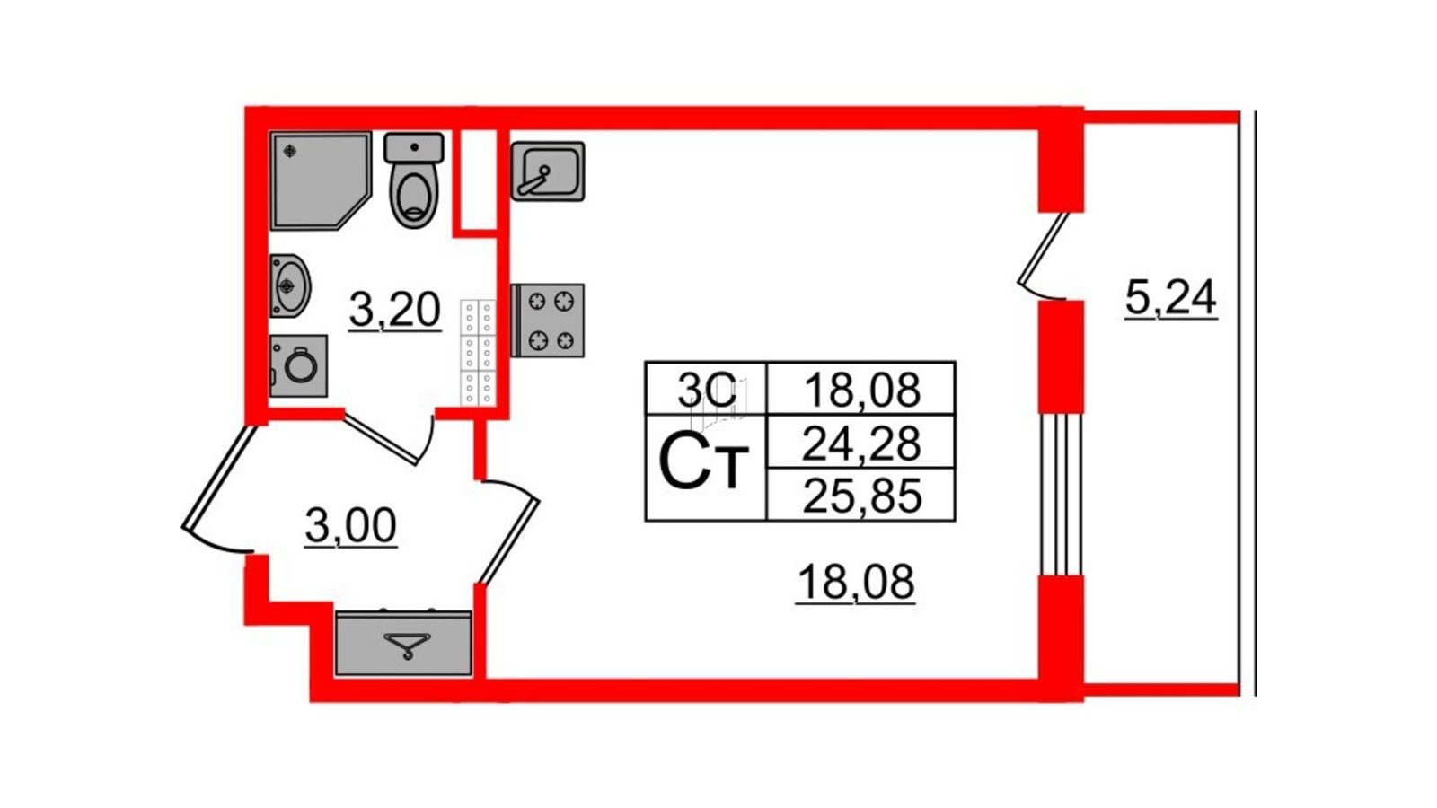 Планировка: студия, 23,9 м²