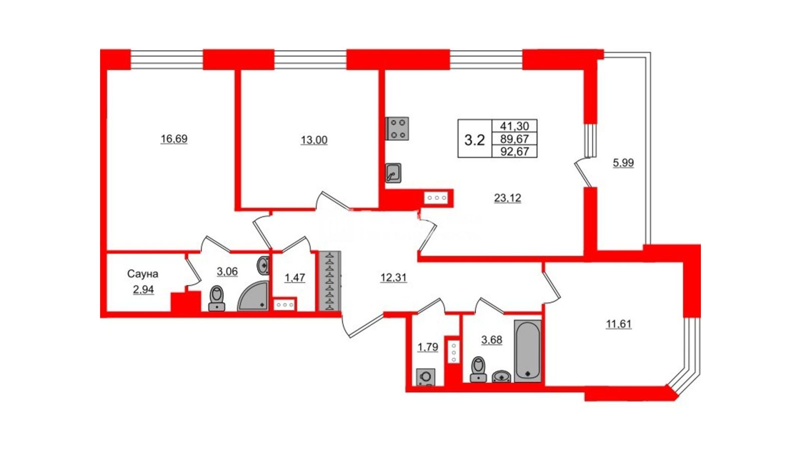 Планировка: 3-комнатная квартира, 89,7 м²
