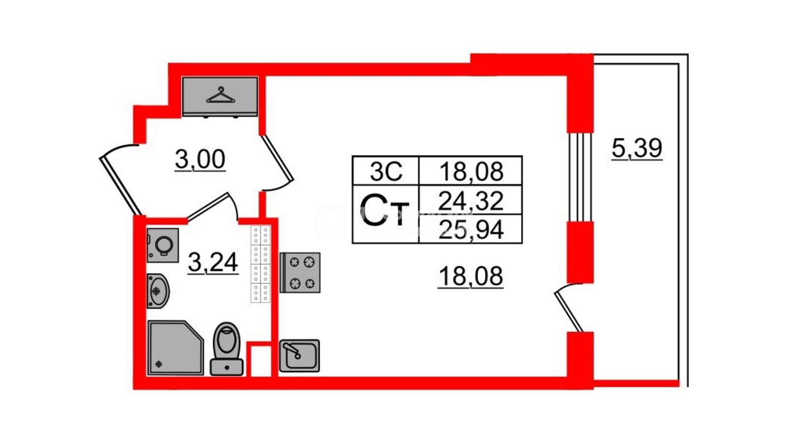 Планировка: студия, 23,8 м²