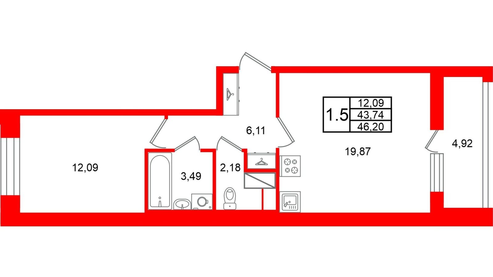 Планировка: 1-комнатная квартира, 43,7 м²
