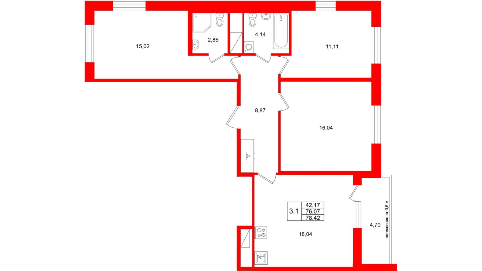 Планировка: 3-комнатная квартира, 76,1 м²