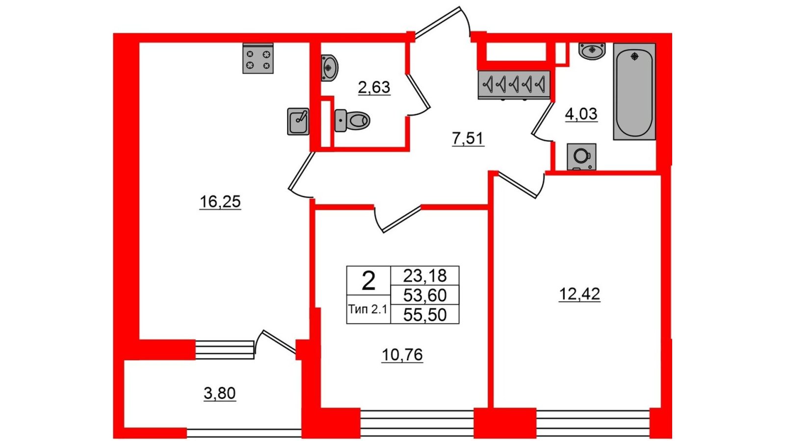 Планировка: 2-комнатная квартира, 53,6 м²