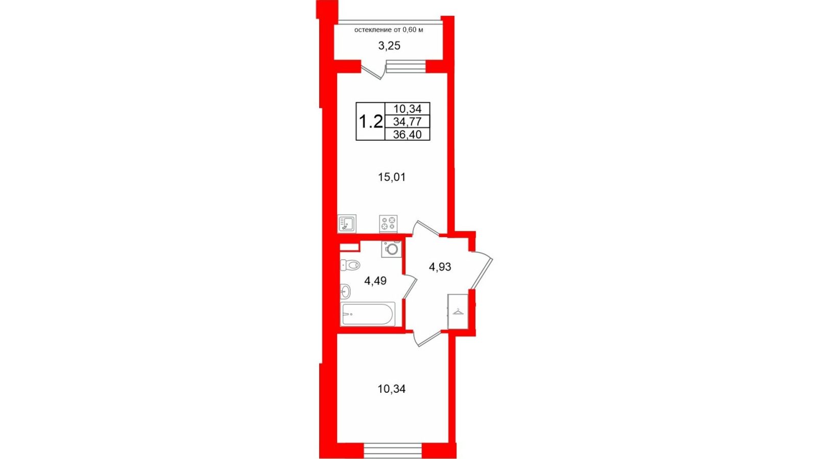 Планировка: 1-комнатная квартира, 34,8 м²