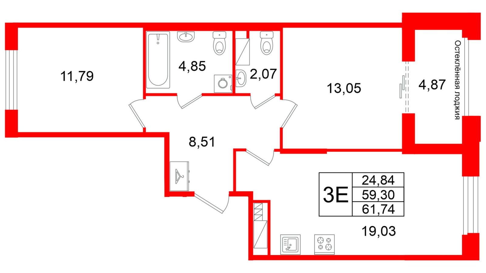 Планировка: 2-комнатная квартира, 59,3 м²