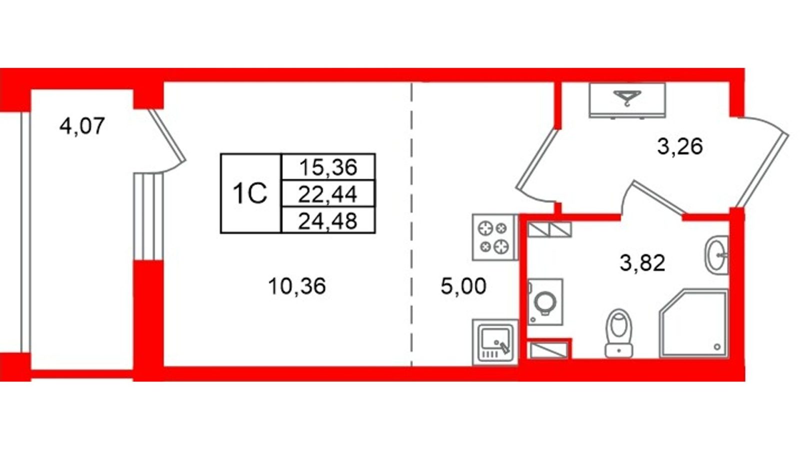 Планировка: студия, 22,4 м²