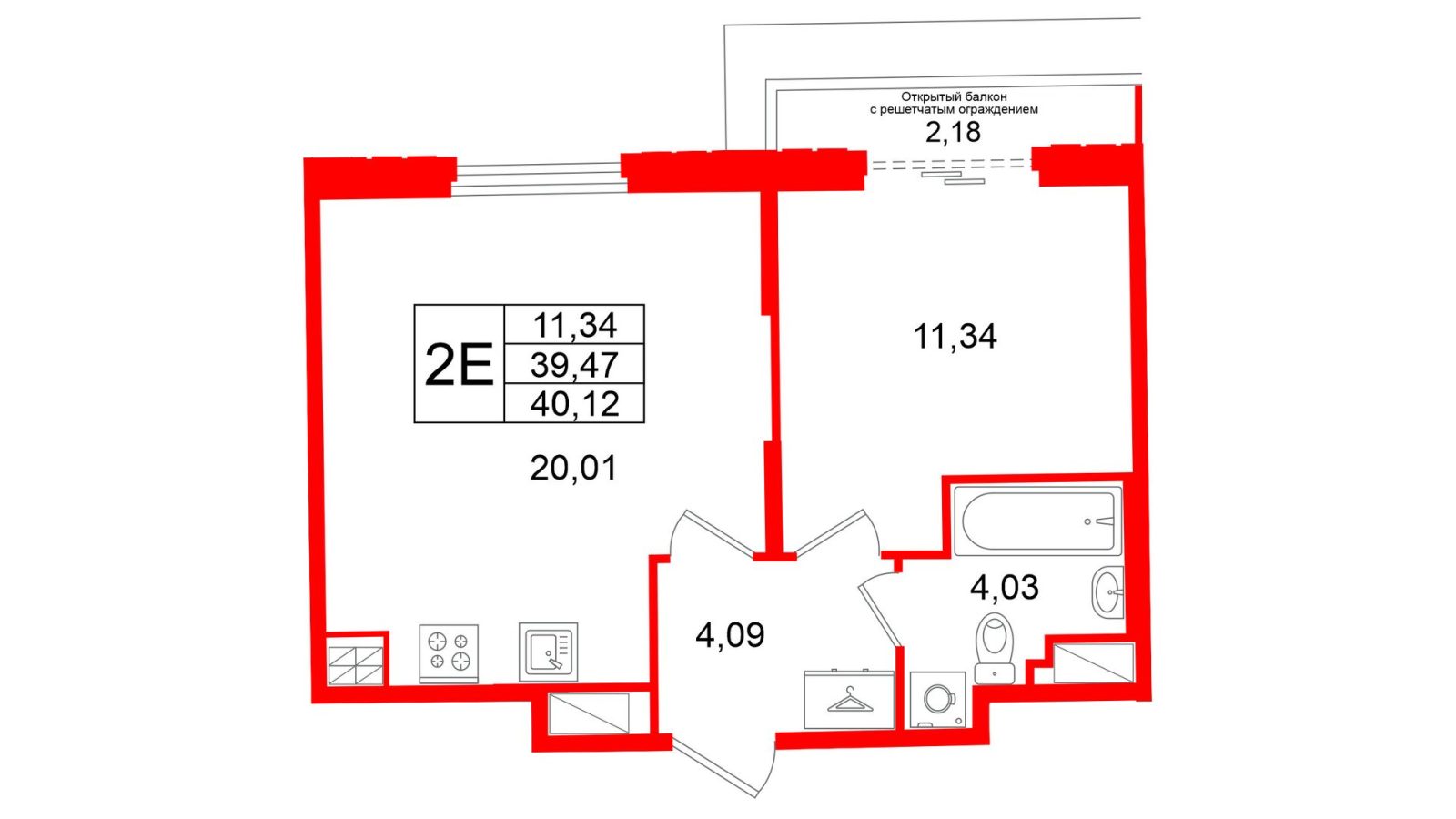 Планировка: 1-комнатная квартира, 39,5 м²