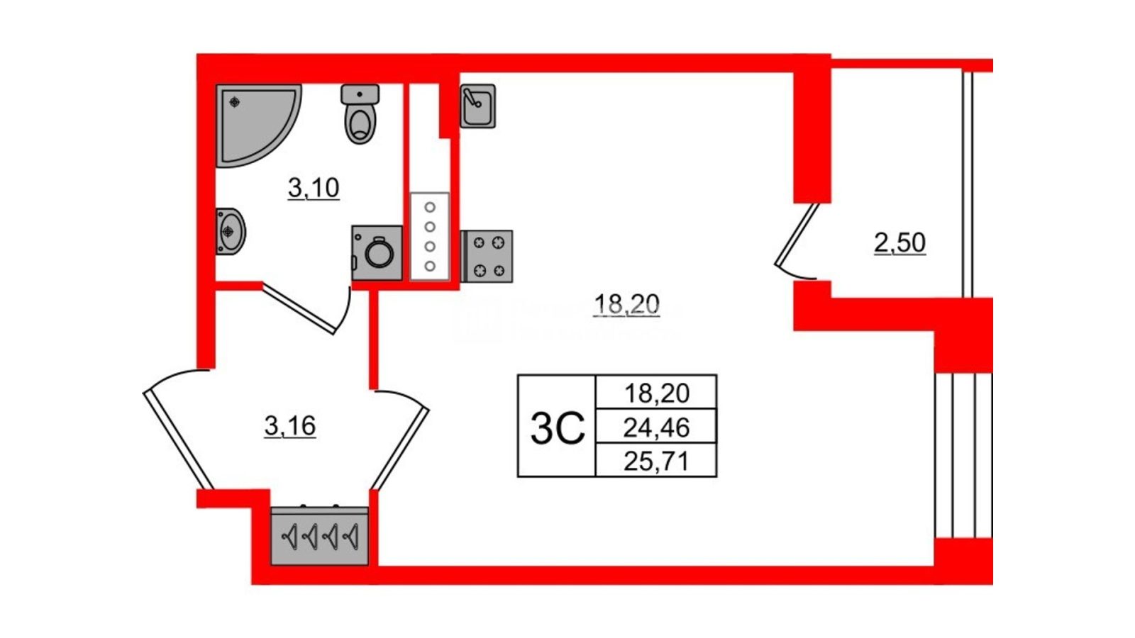 Планировка: студия, 24,5 м²