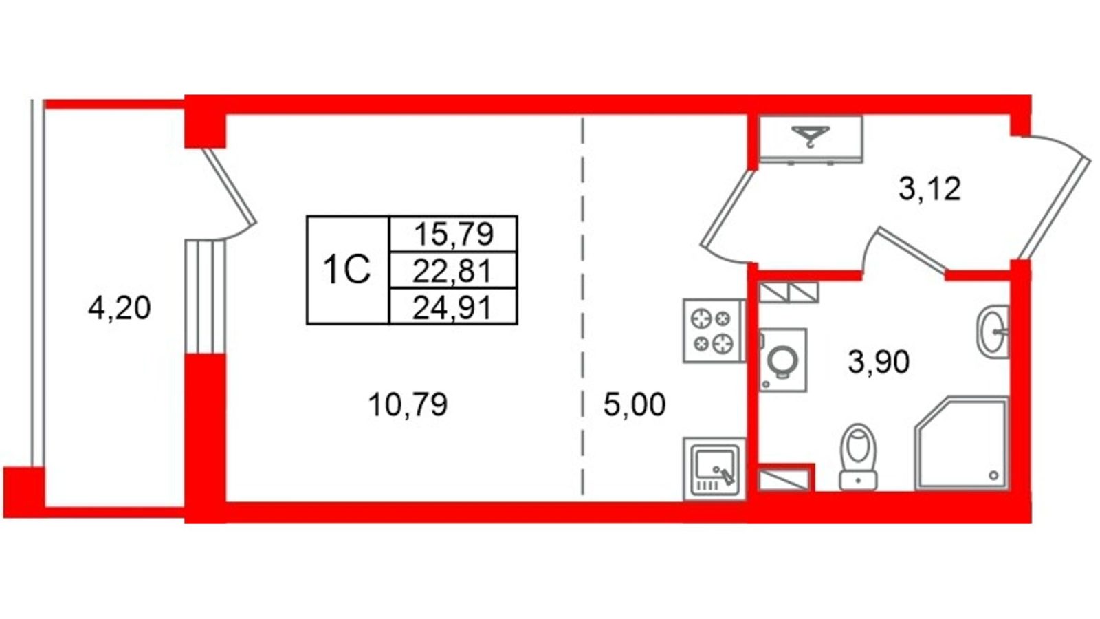 Планировка: студия, 22,8 м²