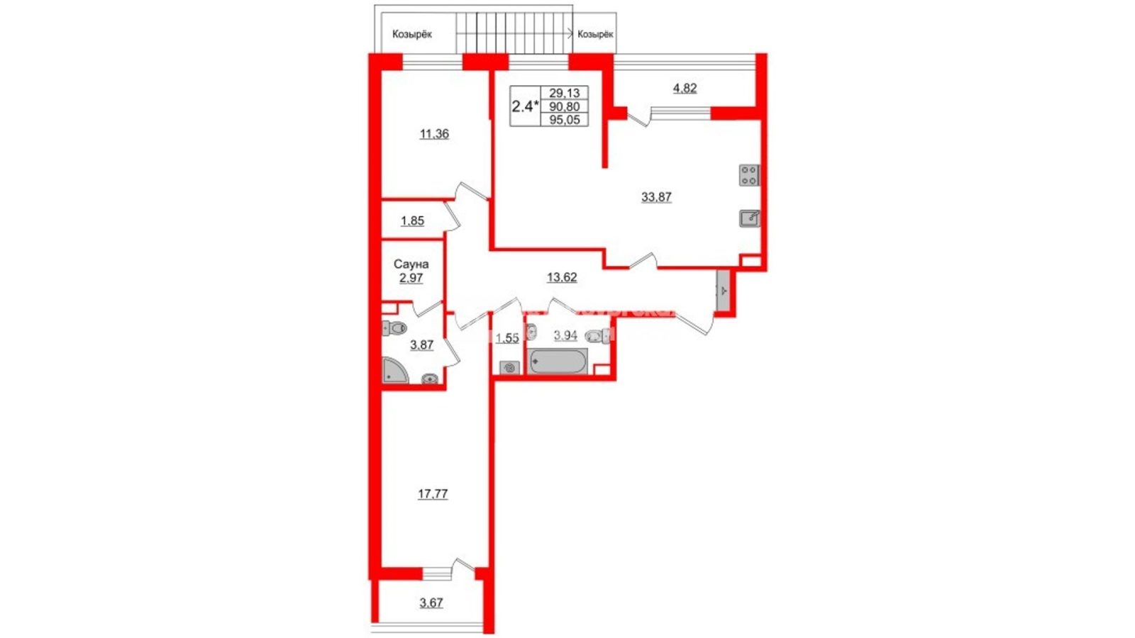 Планировка: 2-комнатная квартира, 89,1 м²