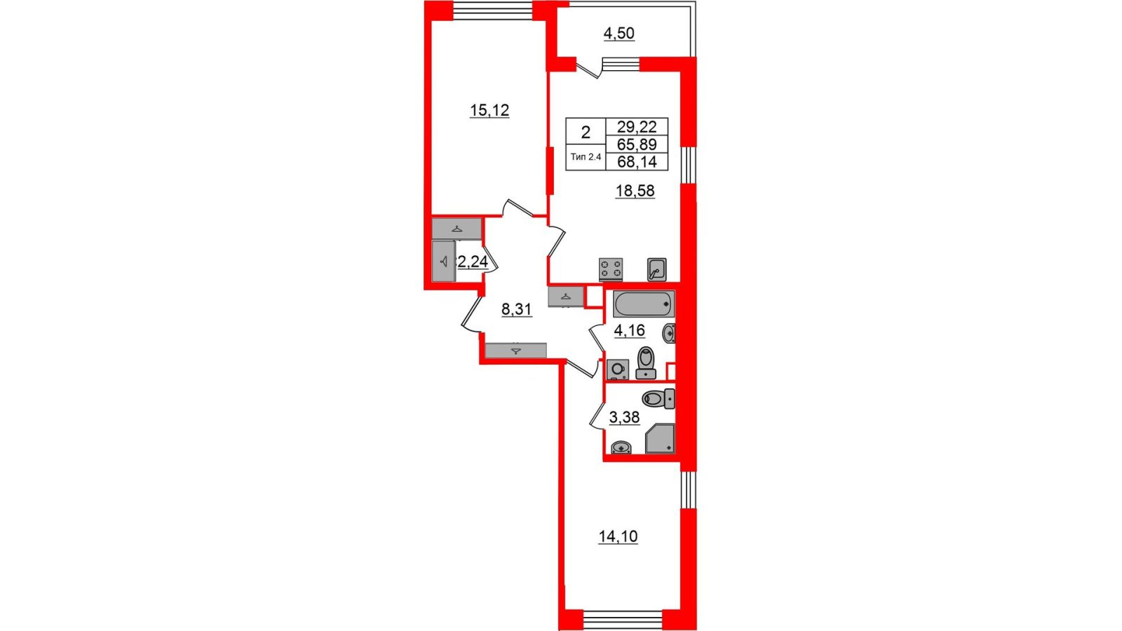 Планировка: 2-комнатная квартира, 65,9 м²