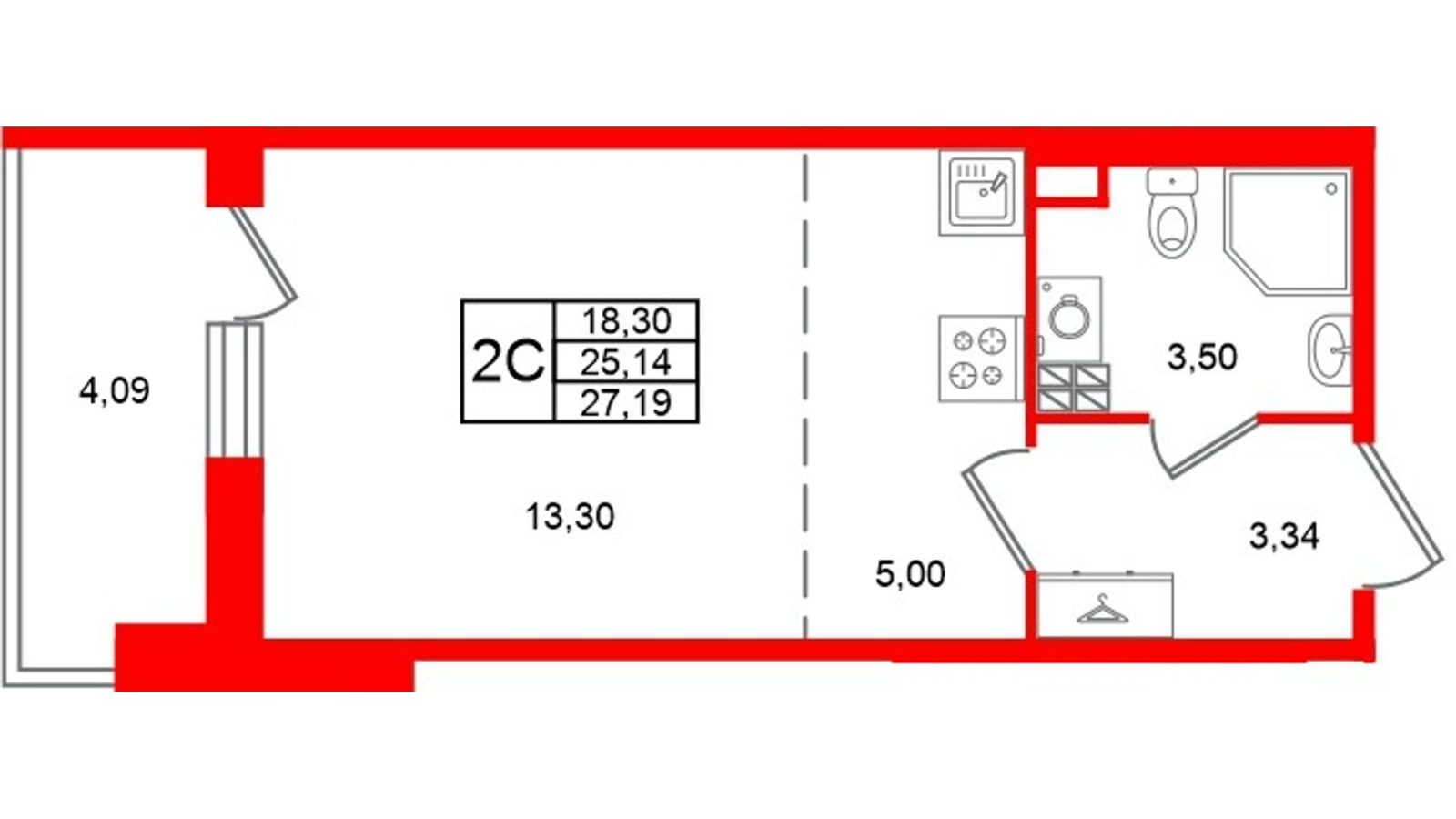Планировка: студия, 25,1 м²