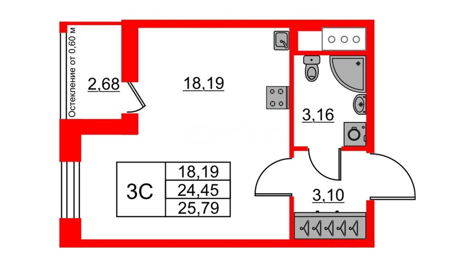 Планировка: студия, 24,5 м²