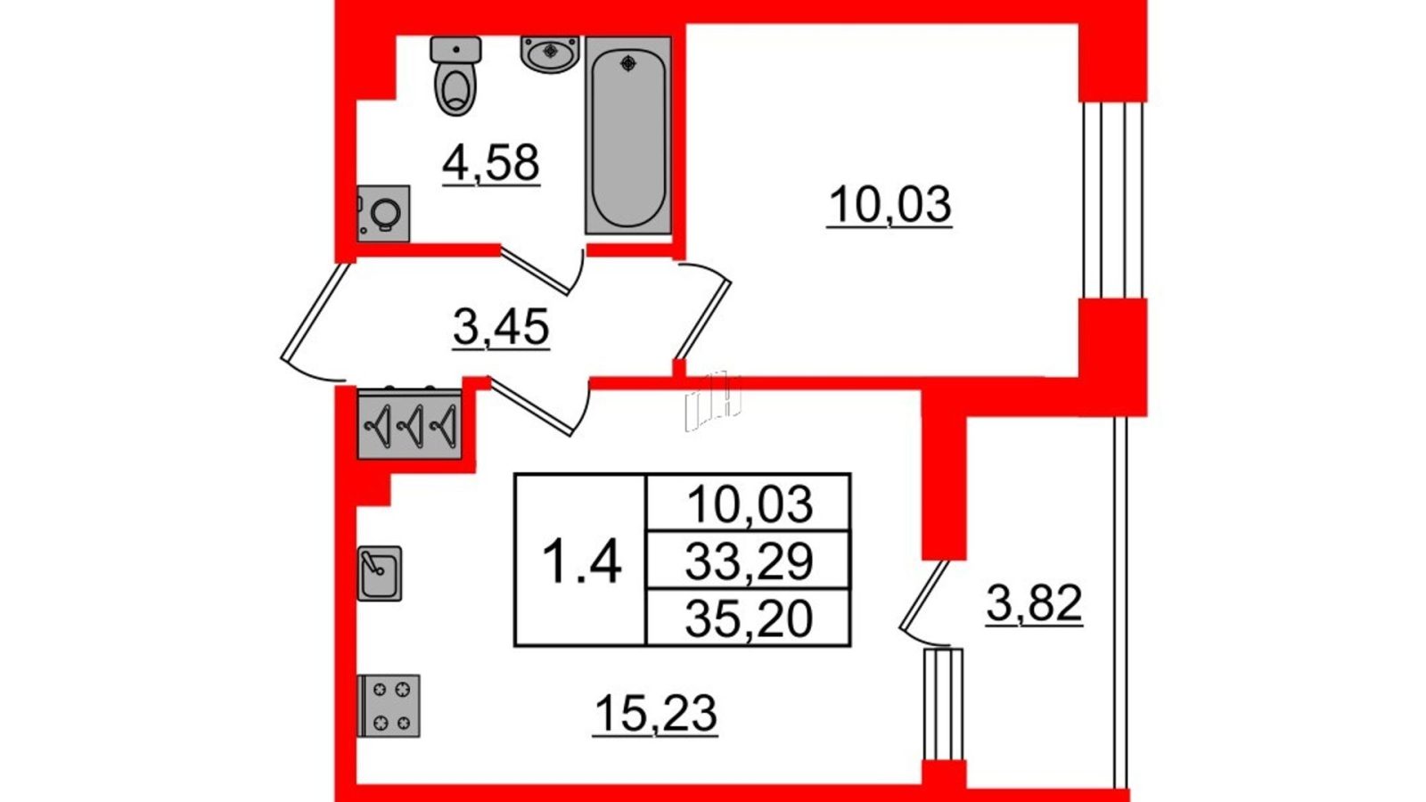 Планировка: 1-комнатная квартира, 33,3 м²