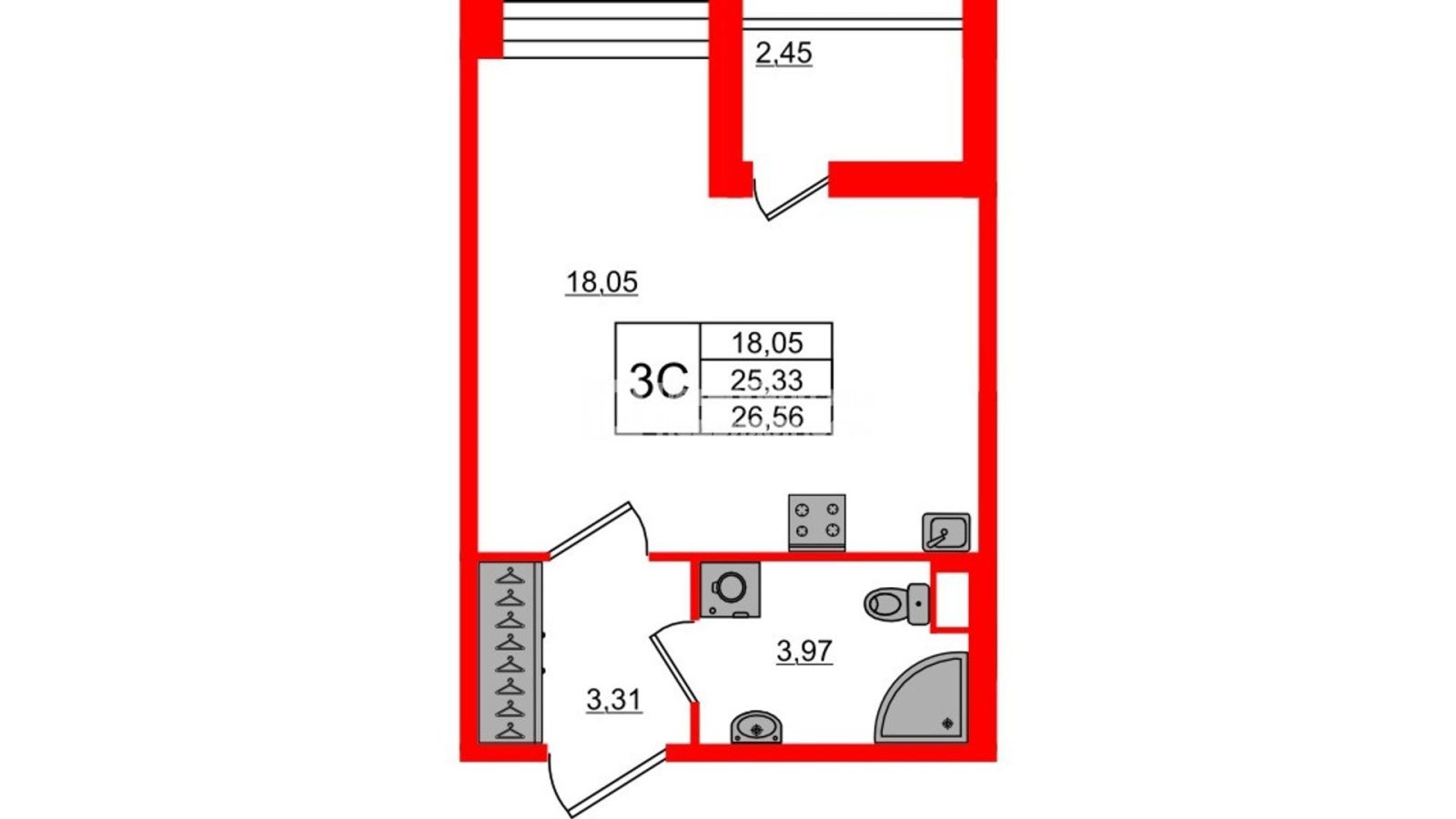 Планировка: студия, 25,3 м²