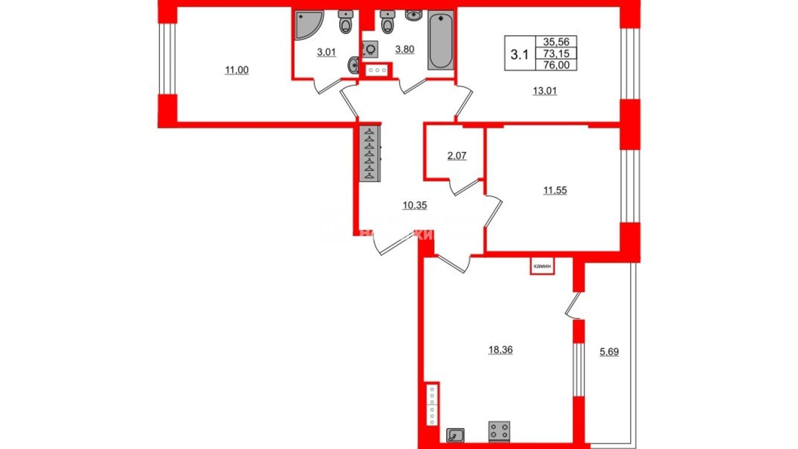 Планировка: 3-комнатная квартира, 73,2 м²