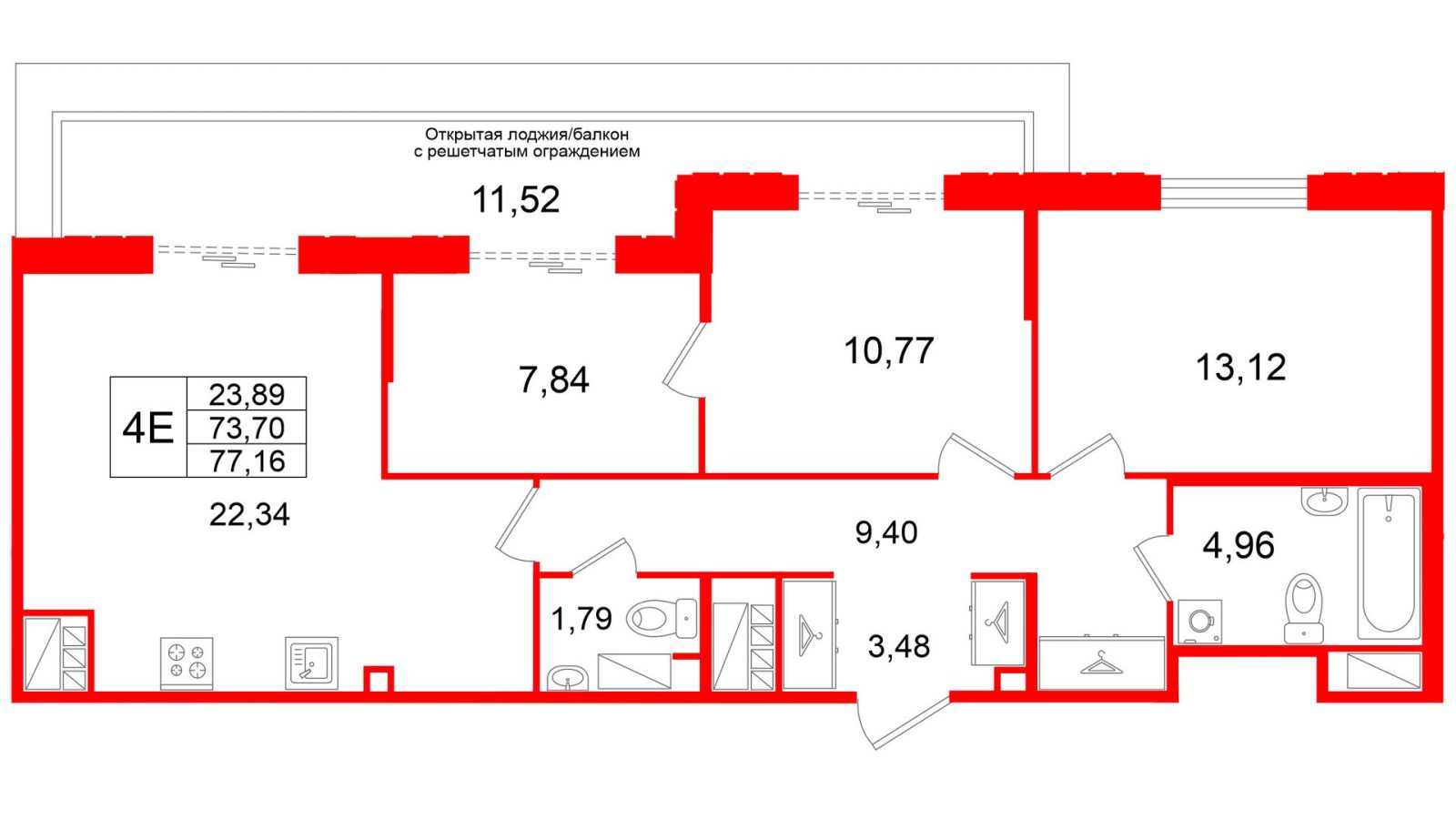 Планировка: 3-комнатная квартира, 73,7 м²