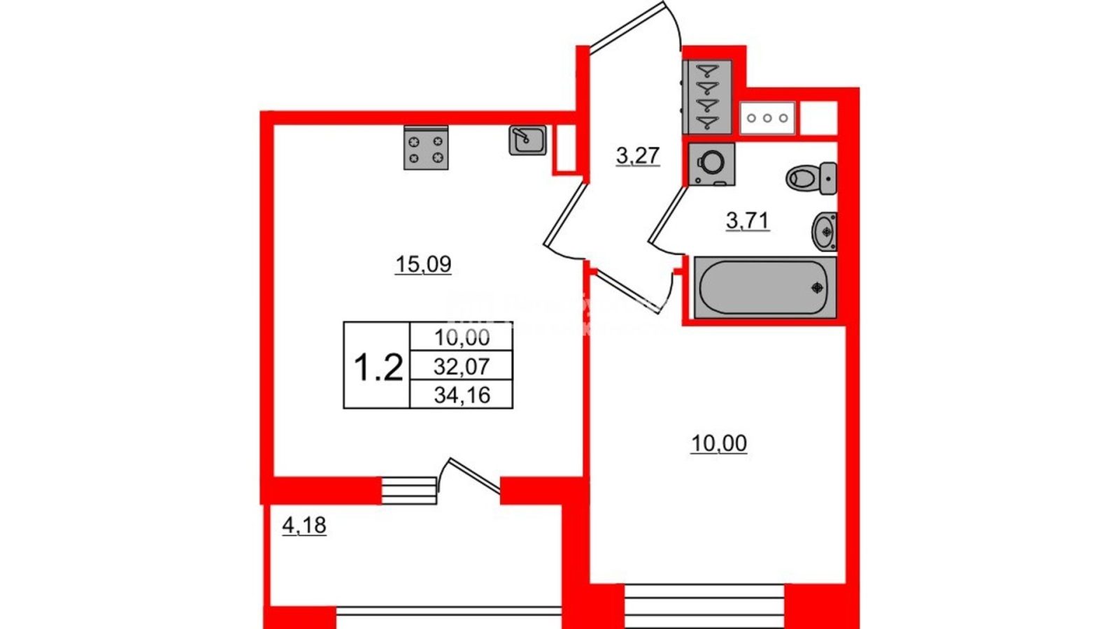 Планировка: 1-комнатная квартира, 32,1 м²