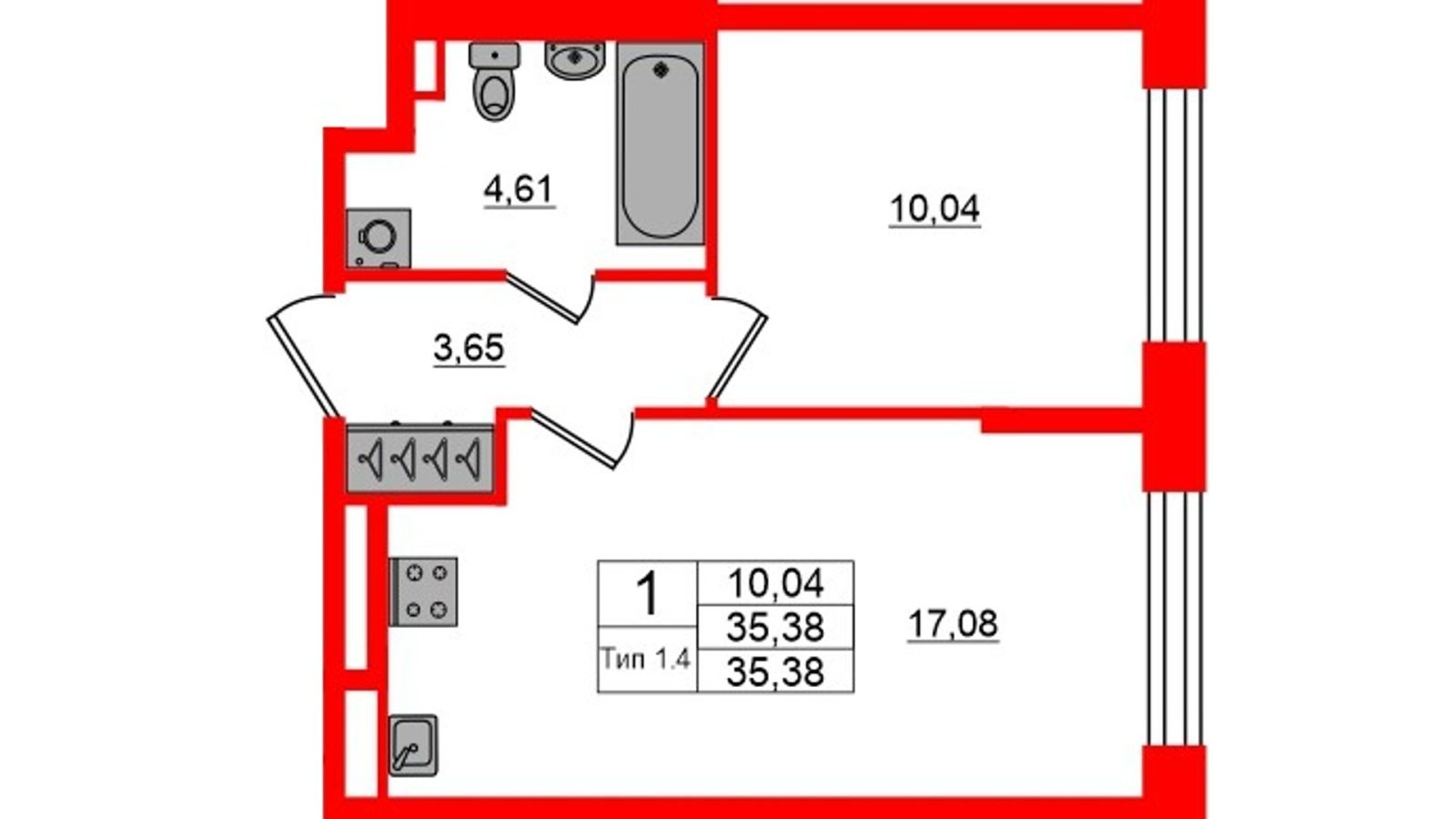 Планировка: 1-комнатная квартира, 35,4 м²