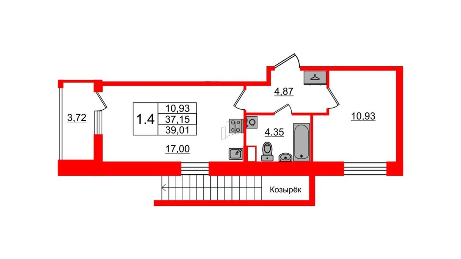 Планировка: 1-комнатная квартира, 37,2 м²