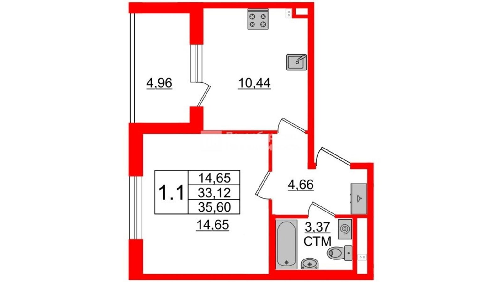 Планировка: 1-комнатная квартира, 32,6 м²