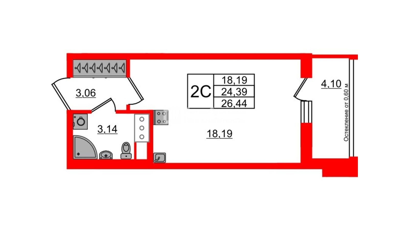 Планировка: студия, 24,4 м²