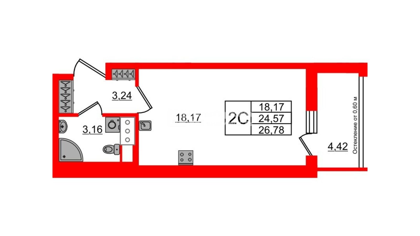 Планировка: студия, 24,6 м²