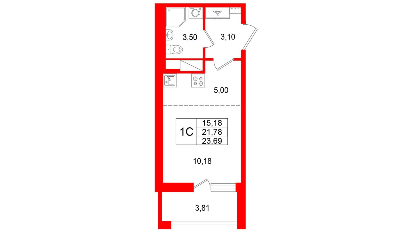 Планировка: студия, 21,8 м²