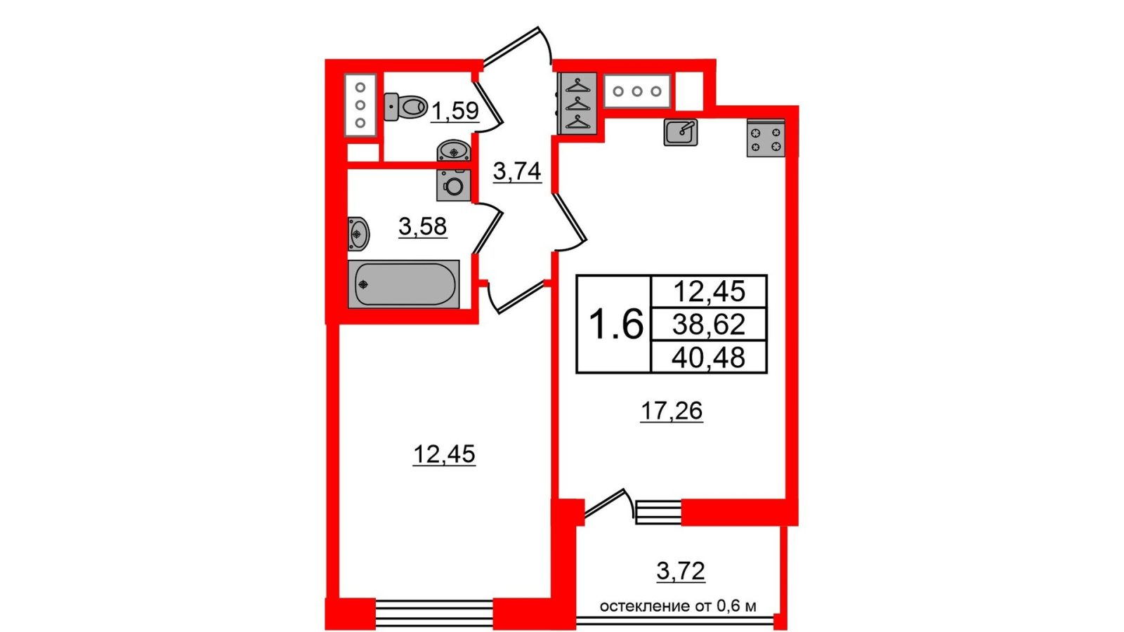 Планировка: 1-комнатная квартира, 38,6 м²